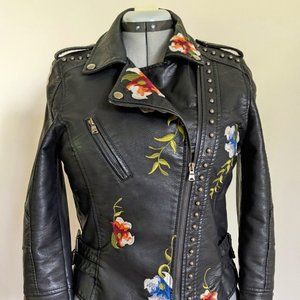 Black Embroidered Pleather Moto Jacket with embellishments